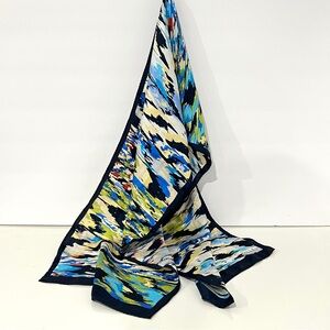 NICOLE MILLER STUDIOS BLUE GREEN TURQUOISE 100% SILK Abstract Scarf 11"X50"